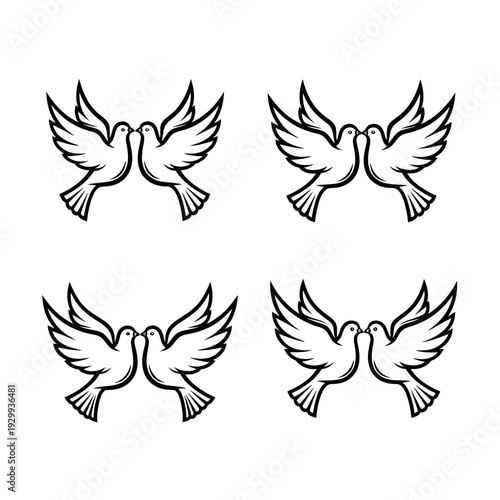 Four sets of doves or pigeons kissing each other in flight.