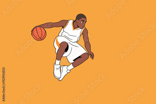 A young basketball player is dribbling a ball while in motion against a bright yellow background. The player wears a white uniform.