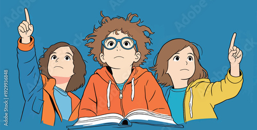 Three children show excitement in a classroom as they raise their hands and point to ideas. They are engaged in learning and discovery.