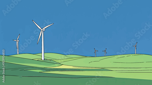 Wind turbines spin on green hills with a clear blue sky overhead. This location is focused on wind energy production.