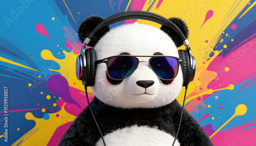Cool Panda DJ Wearing Headphones and Sunglasses on Vibrant Colorful Paint Splash Background
