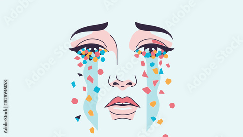 Woman Crying Tears of Colorful Confetti.