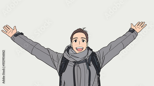A person stands with arms open wide, smiling joyfully. The background is plain. They wear a winter coat and a scarf.