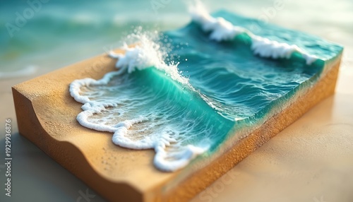 Miniature diorama shows crashing ocean waves on sandy shore. Teal water and white foam create dynamic scene with isometric perspective. Ideal for travel or nature themes.