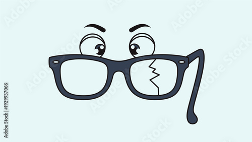 Broken Cartoon Eyeglasses with Facial Expressions.