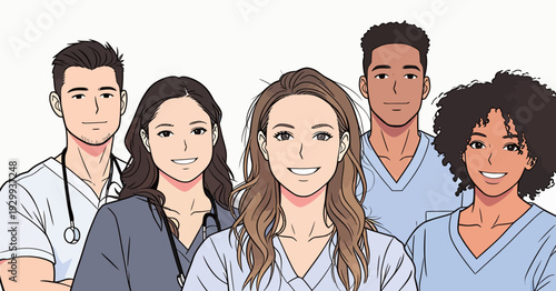 Five healthcare workers stand together, smiling. They are dressed in scrubs and ready to help patients at the hospital.