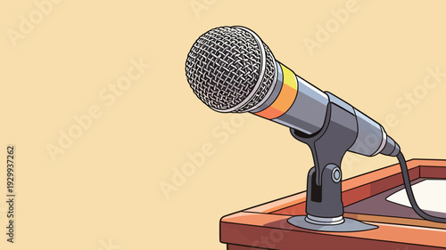A microphone stands ready on the podium for a speaker at a conference during the day. The room is bright and simple.