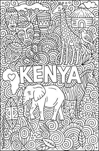Kenya hand drawn vector illustration doodle art line art coloring page for kids