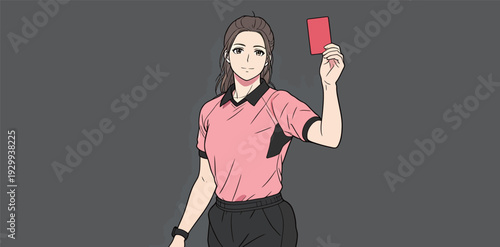A referee holds up a red card during a soccer match. The setting is a sports event with players and a crowd visible.