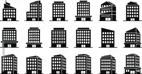 Black City Building Icon Set, Modern Urban Architecture Silhouette Collection for Real Estate, Construction Company Logo, Property Management and Business Design