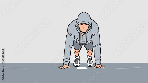 A man leans forward on his hands, getting ready to start running on a flat surface. He wears a hood and sports shoes.