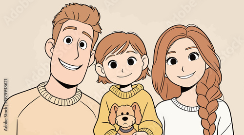 A family stands together with a child holding a small dog. They smile while dressed in casual clothes. The setting is warm and inviting.