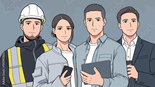 Four people stand together, sharing ideas about a project. They belong to different job roles and discuss work matters indoors.