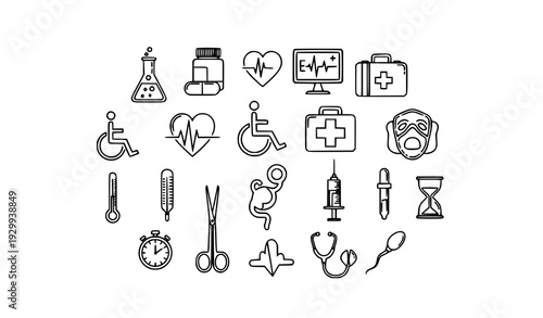 Monoline Healthcare and Laboratory Vector Icons with ECG Heart Syringe Oxygen Flask and Medical Symbols