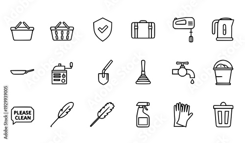 Thin Line Household and Cleaning Vector Icon Set with Basket Insurance Suitcase Kitchen and Sanitation Tools