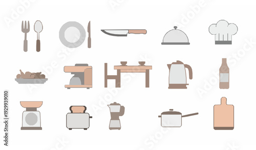 Minimal Kitchen and Dining Line Art Vector Icon Set with Appliances Chef Hat Cutlery and Cooking Equipment