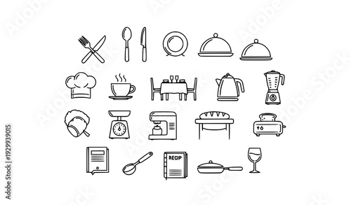 Monoline Culinary and Restaurant Vector Icons with Chef Hat Cloche Kitchen Appliances and Cutlery Symbols