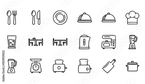 Thin Line Cooking and Kitchen Vector Icon Set with Fork Spoon Knife Chef Hat Appliances and Dining Symbols