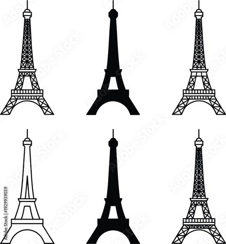 Six different illustrations of the eiffel tower in black and white