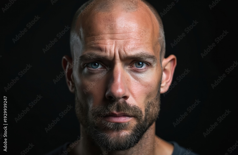 Obraz premium Bald man with intense blue eyes and short beard stares forward. Mature adult male shows serious emotion, rugged face, forehead wrinkles. Focused portrait against dark background.