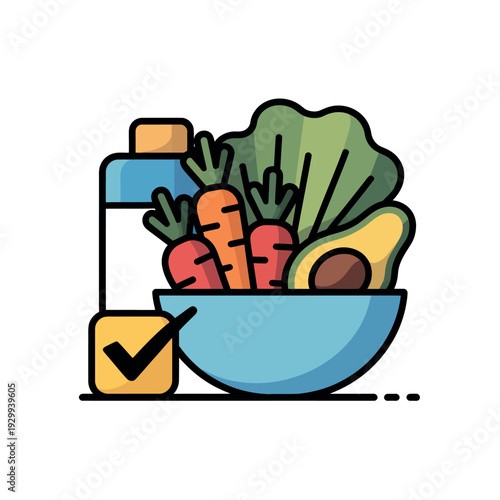A cartoon illustration of a healthy meal with vegetables and a bottle of milk in a blue bowl