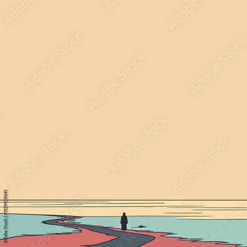 A person stands on a smooth winding path by the ocean as the sun sets in the background creating an artistic scene.