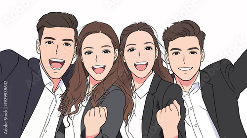 Four friends pose together with smiles, showing excitement and joy in a studio. They wear formal clothes and look cheerful.