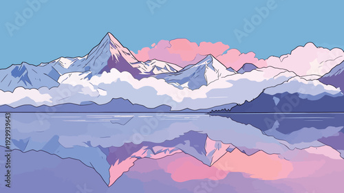 Mountains stand tall with clouds above as the lake reflects their shapes. The sunset casts soft colors in the sky and water.