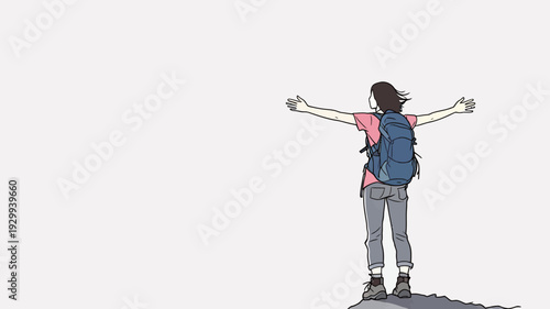 A person with a backpack stands on a rock with arms stretched out, enjoying the views during daytime in nature.