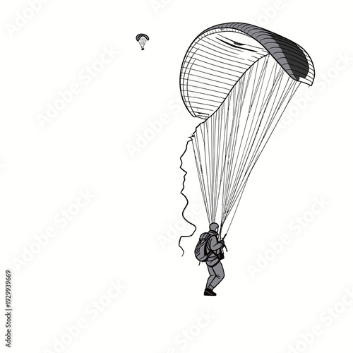 A person is parachuting down towards the ground while another parachutist hovers above in the sky. Both are in a clear outdoor area.
