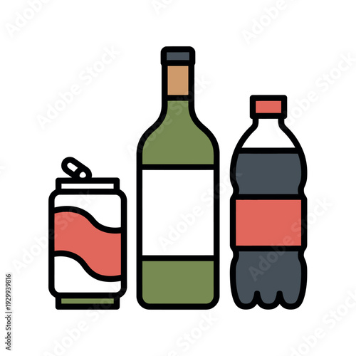 A colorful illustration of a soda can, wine bottle, and cola bottle on a white background