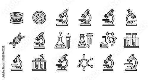 Collection of Laboratory Equipment and Scientific Symbols Icons.