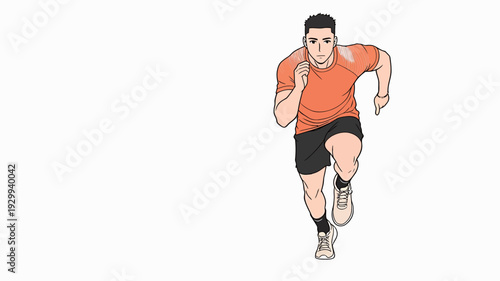 A person runs on a track wearing an orange shirt and black shorts in the afternoon. Sweat appears on their face from effort.