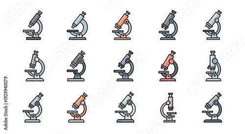 Microscope icons set in various orientations and colors.