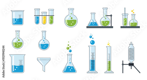Laboratory equipment icons set for scientific experiments and research.
