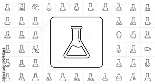 Collection of Laboratory Equipment Icons Featuring Erlenmeyer Flask.