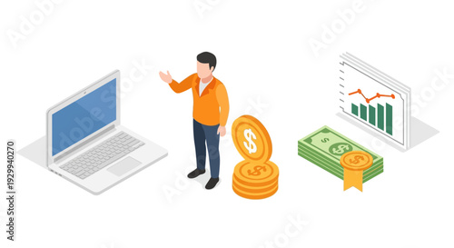 Man standing next to laptop with coins and money graph.