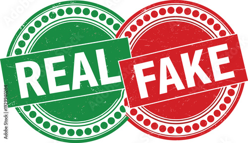 Green REAL stamp, red FAKE stamp, authenticity, counterfeit, verification, truth, false, genuine, approval, rejection, label, textured design
