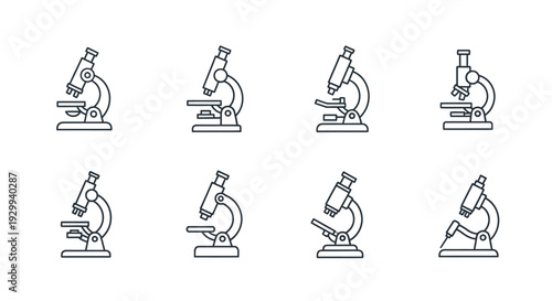 Microscope icons in various positions and angles.