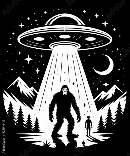Alien and Bigfoot Funny UFO Moon Sasquatch Design