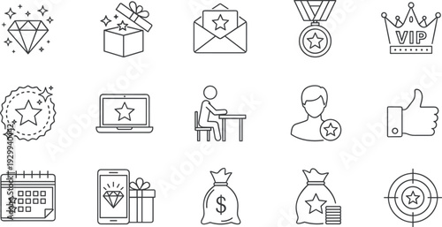 Reward icons, achievement symbols, diamond, gift box, crown VIP, medal, trophy, star badge, target, money bag, vector illustration, recognition
