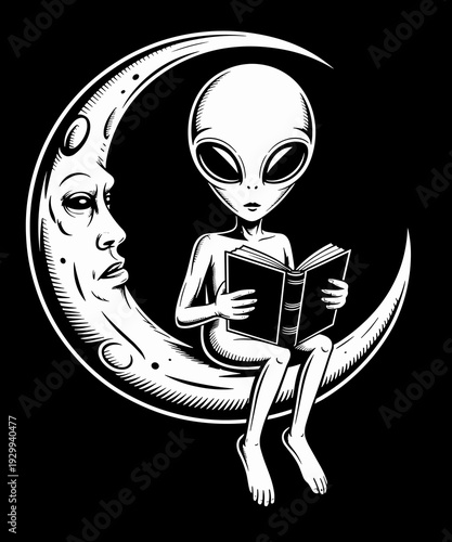 Alien Reading Book Crescent Moon Space Funny Bookworm