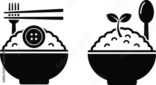 Rice Bowl Food Icons Set, Asian Cuisine with Chopsticks Fork Spoon and Sprout, Black Silhouette Vector Illustration Isolated
