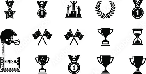 Sports competition icons, trophy cup, medal, podium, laurel wreath, finish line, football helmet, flags, achievement symbols, vector illustration, black and white