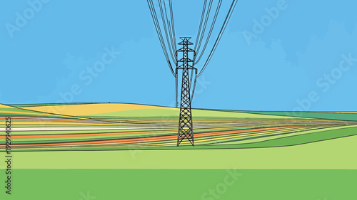 Power lines stretch across a green and yellow field under a blue sky in a rural area during daylight hours.