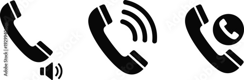 Telephone handset icon set, black and white communication symbol, call log vector illustration, ringing phone design, mobile interface graphic element