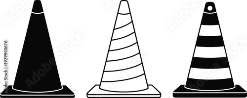 Traffic cone icon set, black and white safety symbol, construction zone vector illustration, road hazard warning design, striped cone graphic element