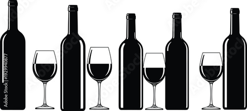 Wine bottles icons, wine glasses illustration, beverage symbols, dining drink design, alcohol graphic set, bar restaurant art, elegant wine