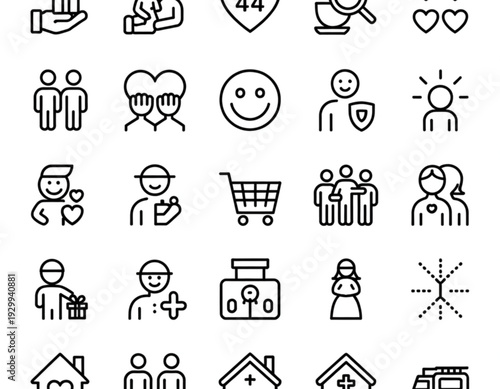 Assorted icons depicting various professions, activities, and social roles in a symbolic style
