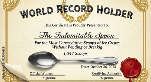 World record holder certificate for most consecutive scoops of ice cream with a spoon